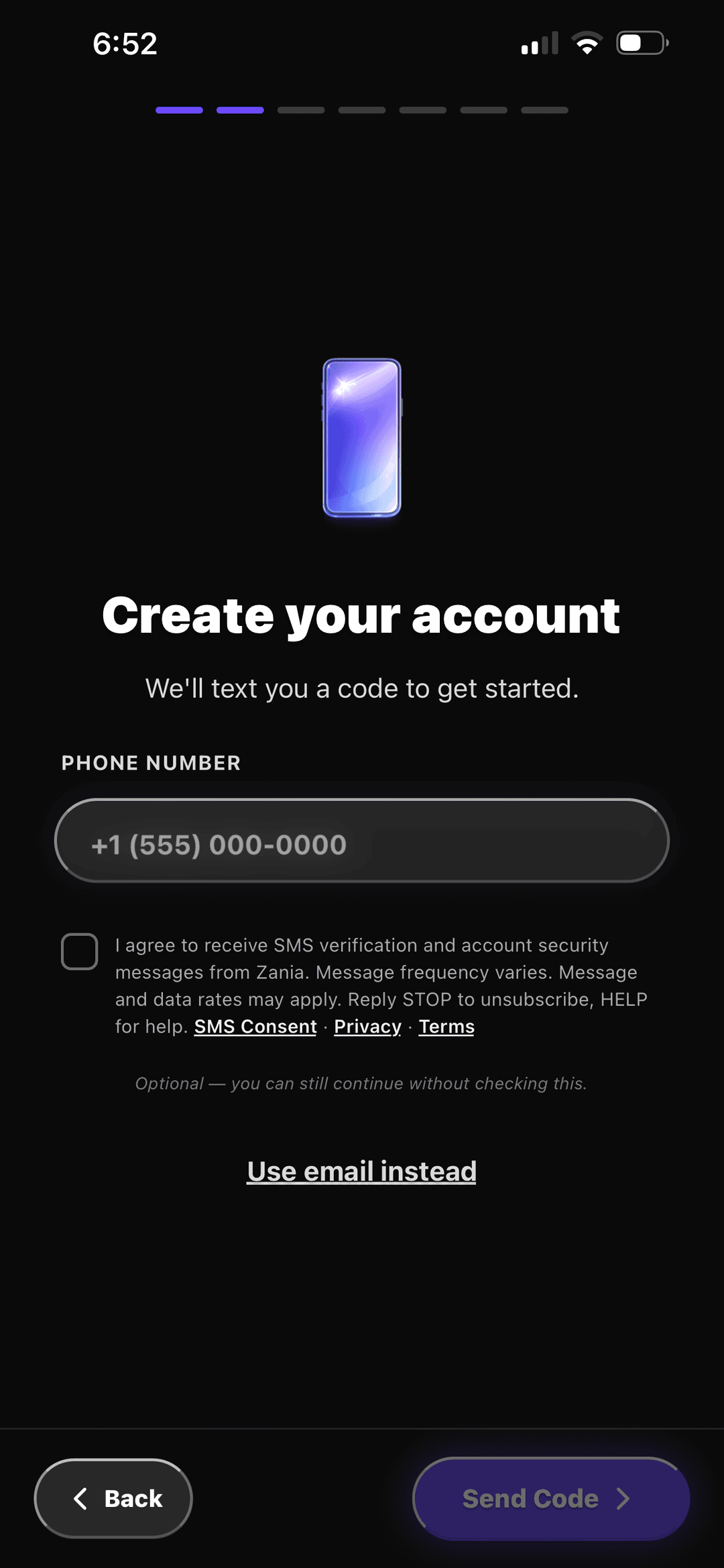 Zania iOS sign-up screen with phone number field, an optional SMS consent checkbox alongside the consent text, and Send Code button
