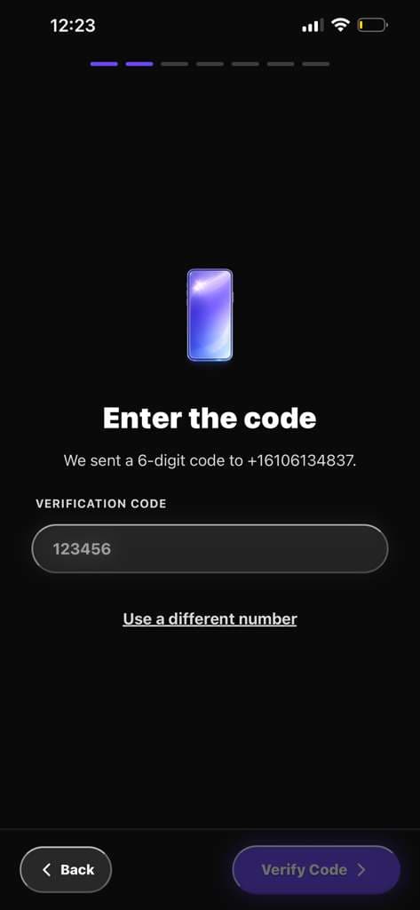 Zania iOS verification screen showing 6-digit code entry after SMS is received